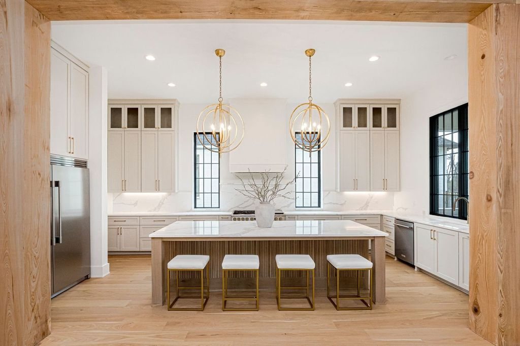 Warm modern kitchen and living space