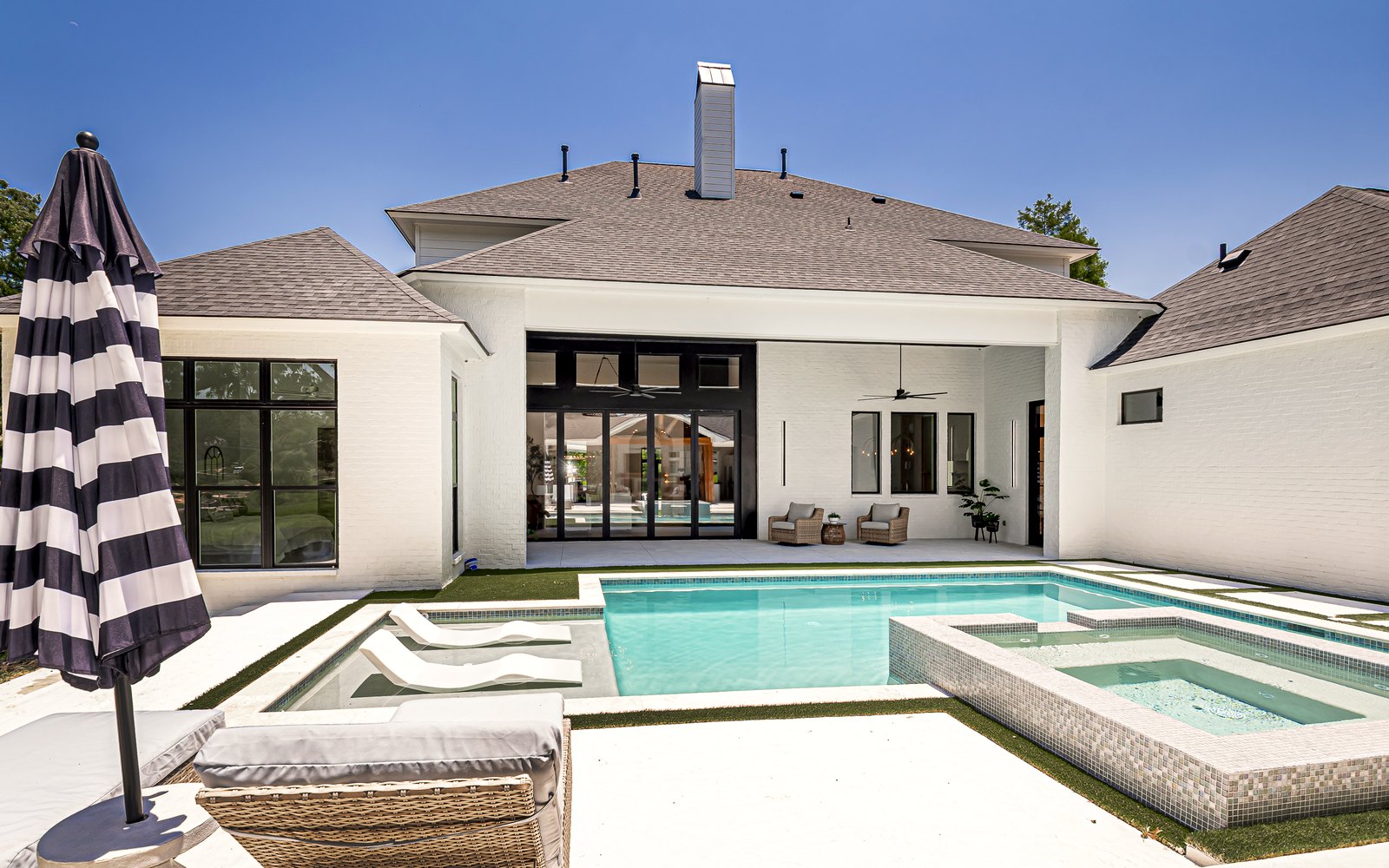 Finished custom home pool and outdoor living area